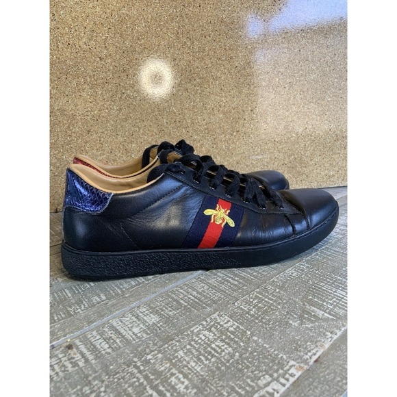 Mens Gucci Ace Bee Logo Black Sneakers Leather Shoes Size US 10 EU 44 Red Navy